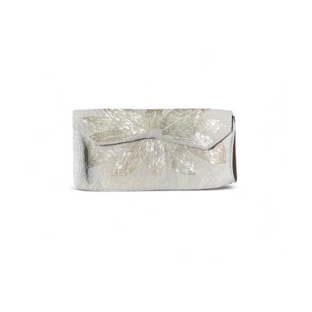 Vintage La Regale Beaded Clutch Cream White Ivory Floral Cottage Glam Coquette